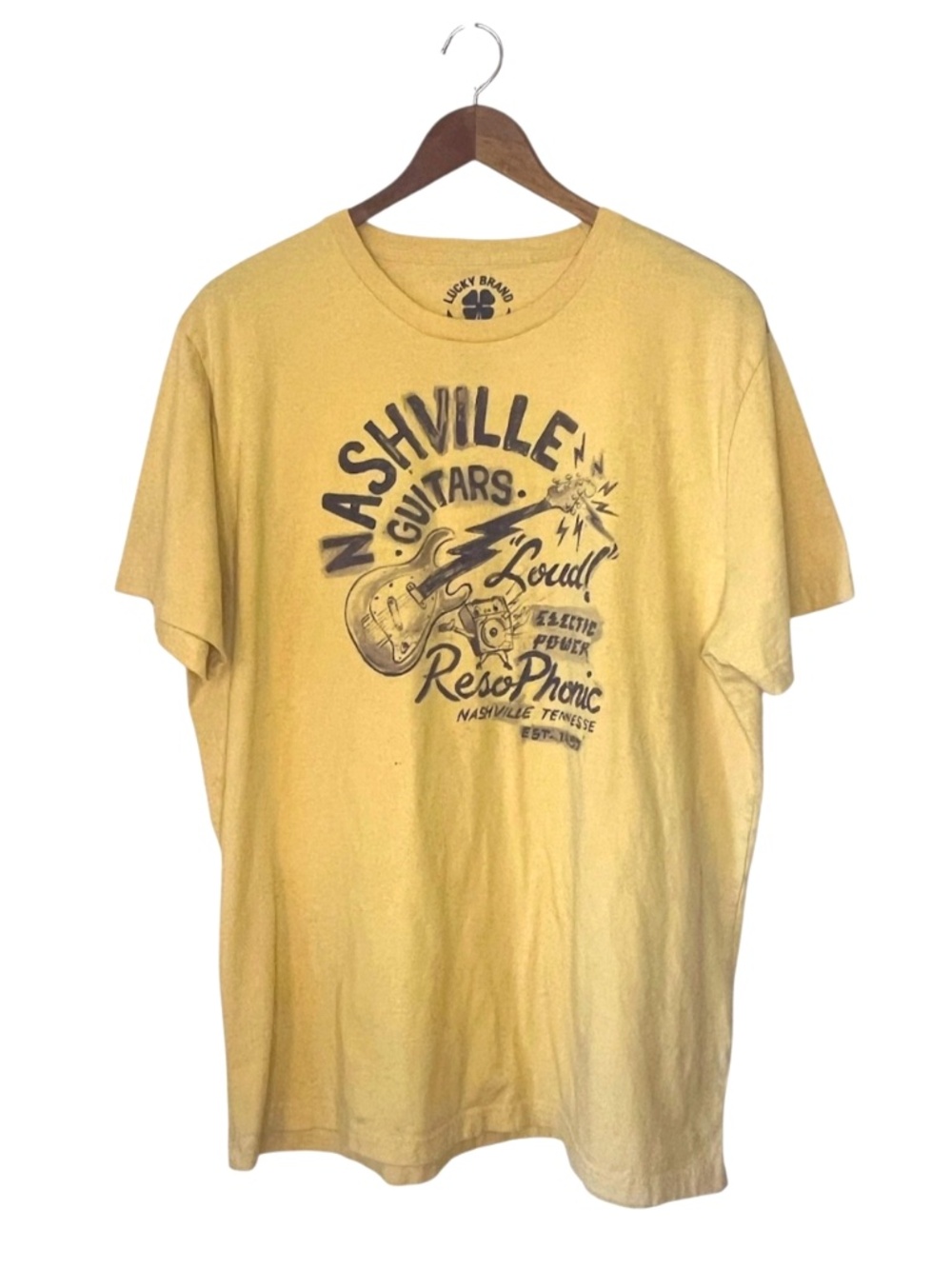 Lucky Brand Nashville Guitars Retro Print Yellow Graphic Cotton T Shirt XL
